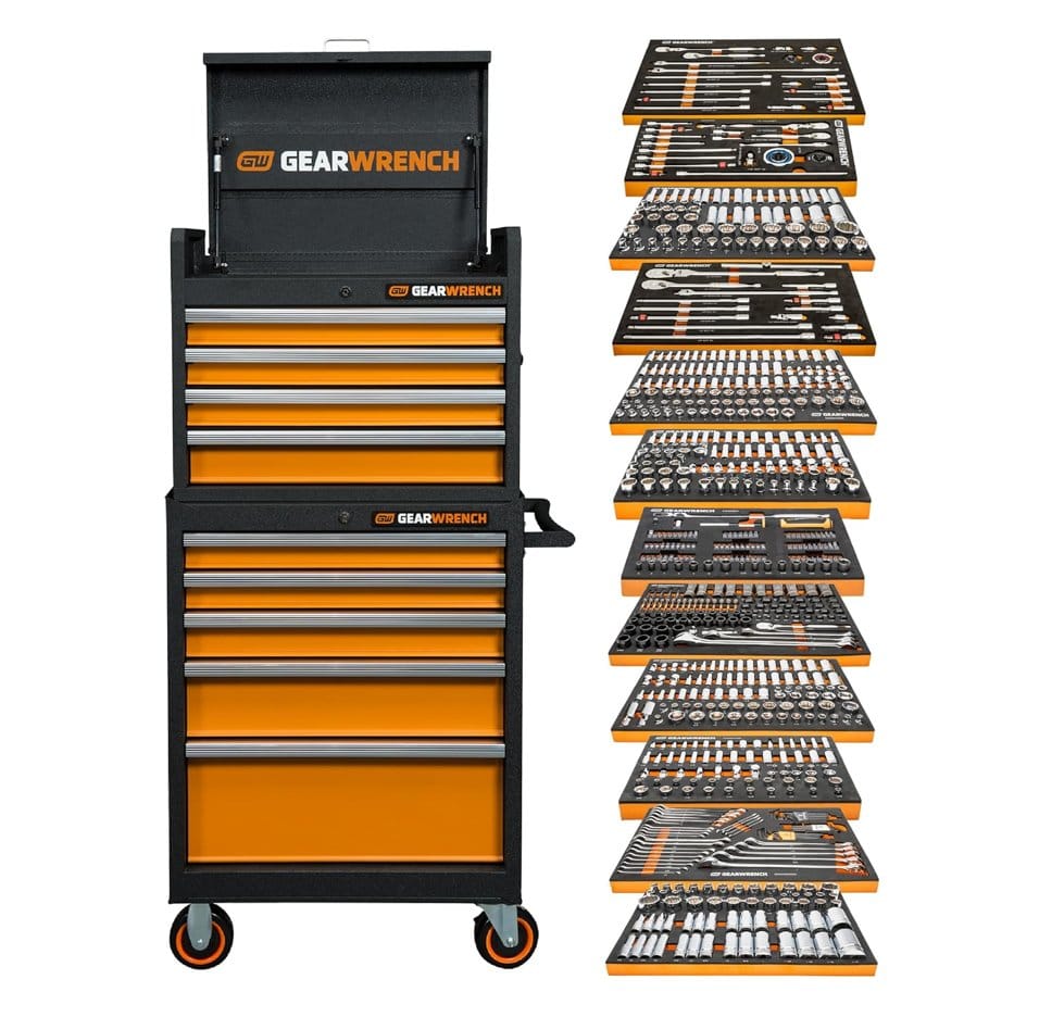 The complete GearWrench MEGAMODPRO set showing the 26-inch top chest and rolling cabinet stack alongside a vertical display of all included modular foam tool trays.