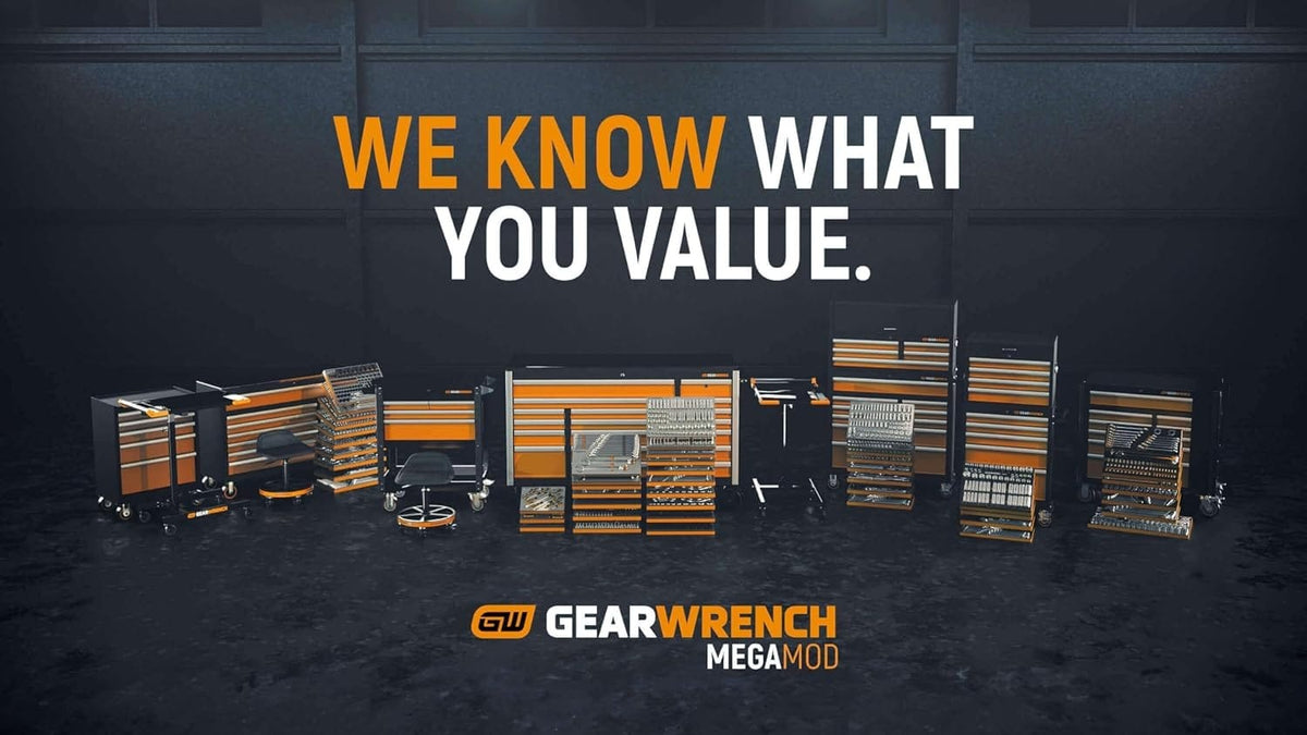 Wide banner image showing the entire GearWrench MEGAMOD family of tool storage and foam tray sets in a garage setting.