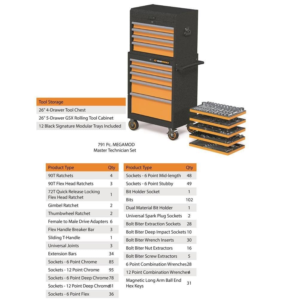 Studio shot of the complete GearWrench MEGAMODPRO set with the top chest stacked on the rolling cart and drawers open.