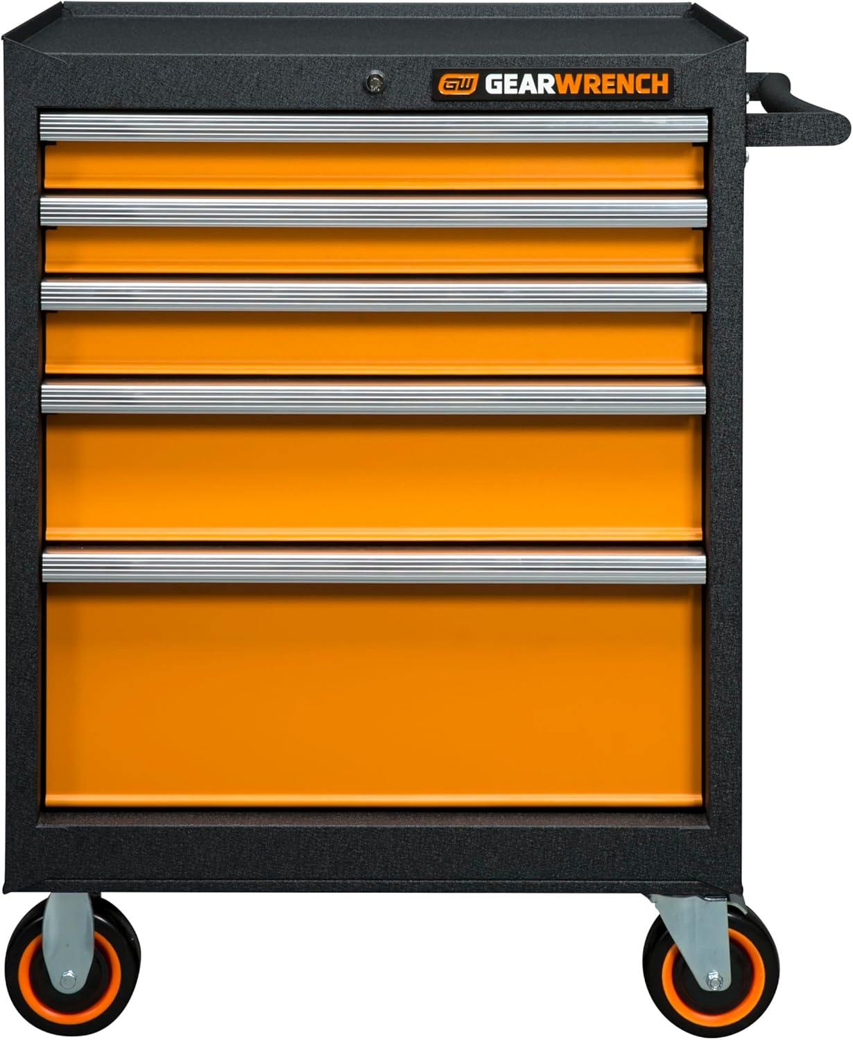 Front view of the 26-inch GSX rolling tool cabinet base showing five orange drawers and heavy-duty casters.
