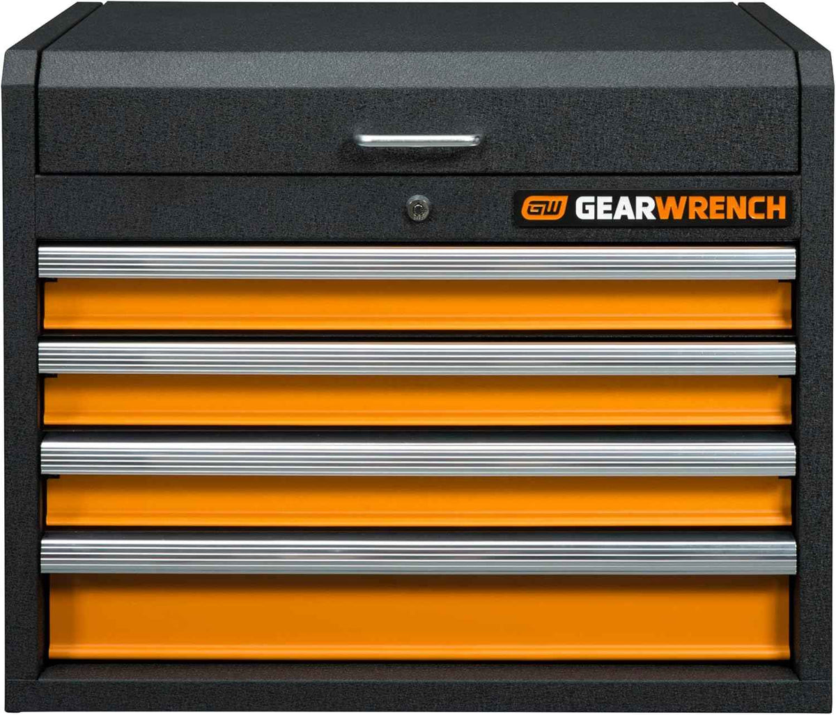 Front view of the 26-inch GSX top tool chest showing four orange drawers and the locking lid.