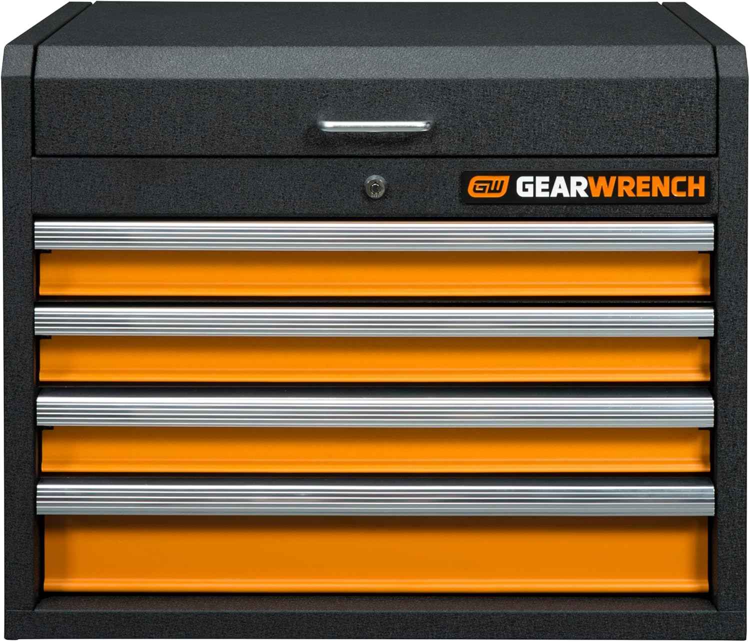 Front view of the 26-inch GSX top tool chest showing four orange drawers and the locking lid.