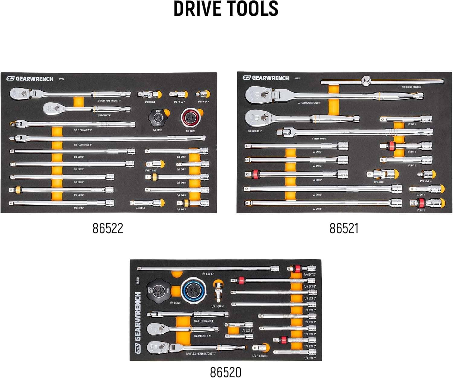 Overhead view of three foam organizer trays containing 1/4 inch, 3/8 inch, and 1/2 inch drive tools and ratchets.