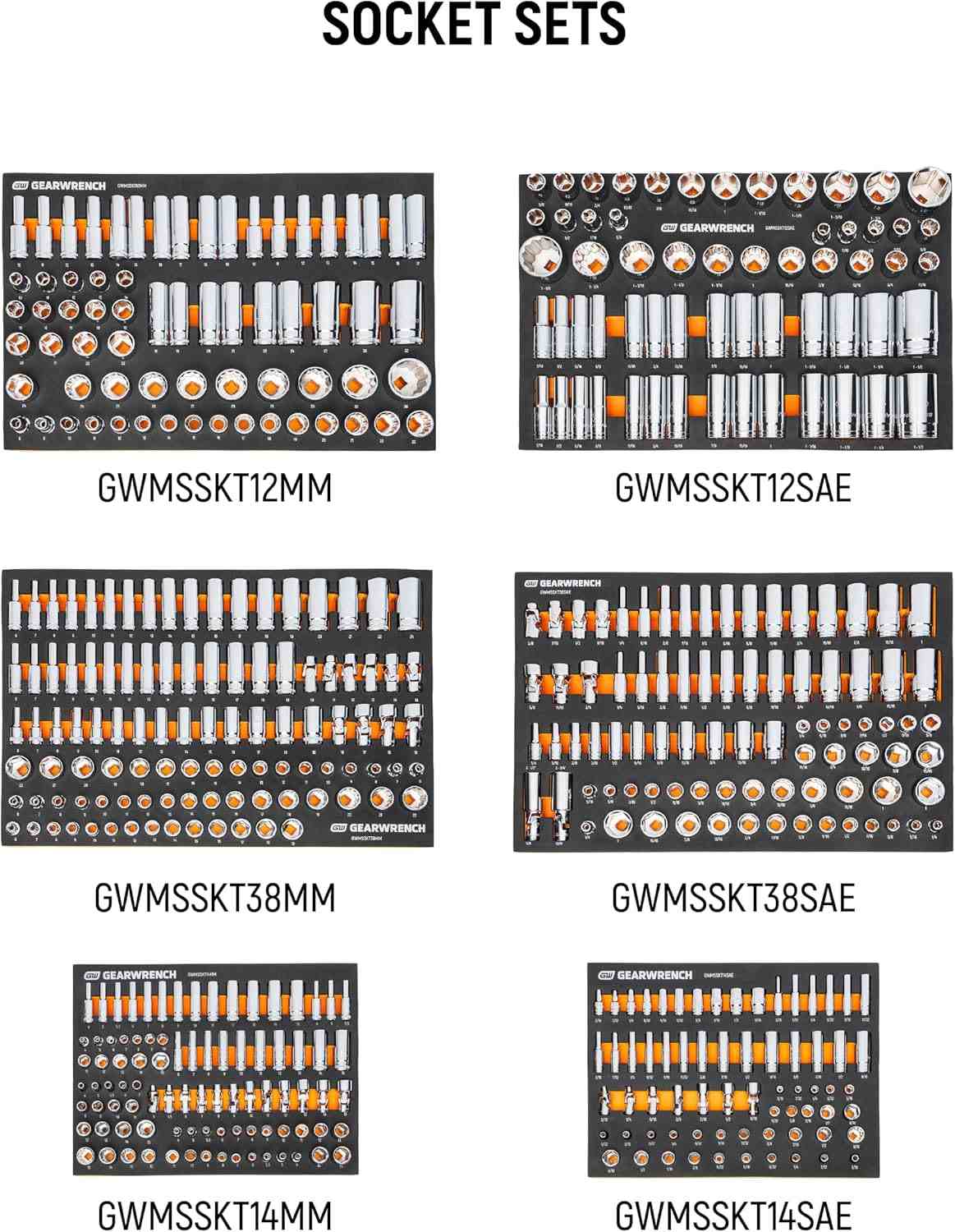 Overhead view of four foam organizer trays containing standard and deep chrome sockets in SAE and metric sizes.