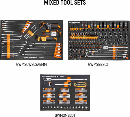 Overhead view of three foam organizer trays containing combination wrenches, hex keys, and a mixed socket set.
