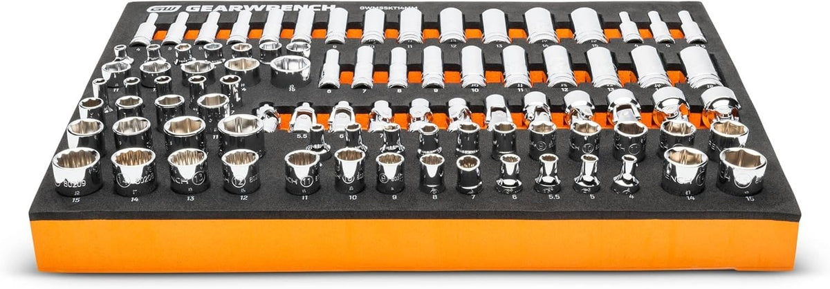 Angled view of a premium foam storage tray filled with organized GearWrench chrome sockets.