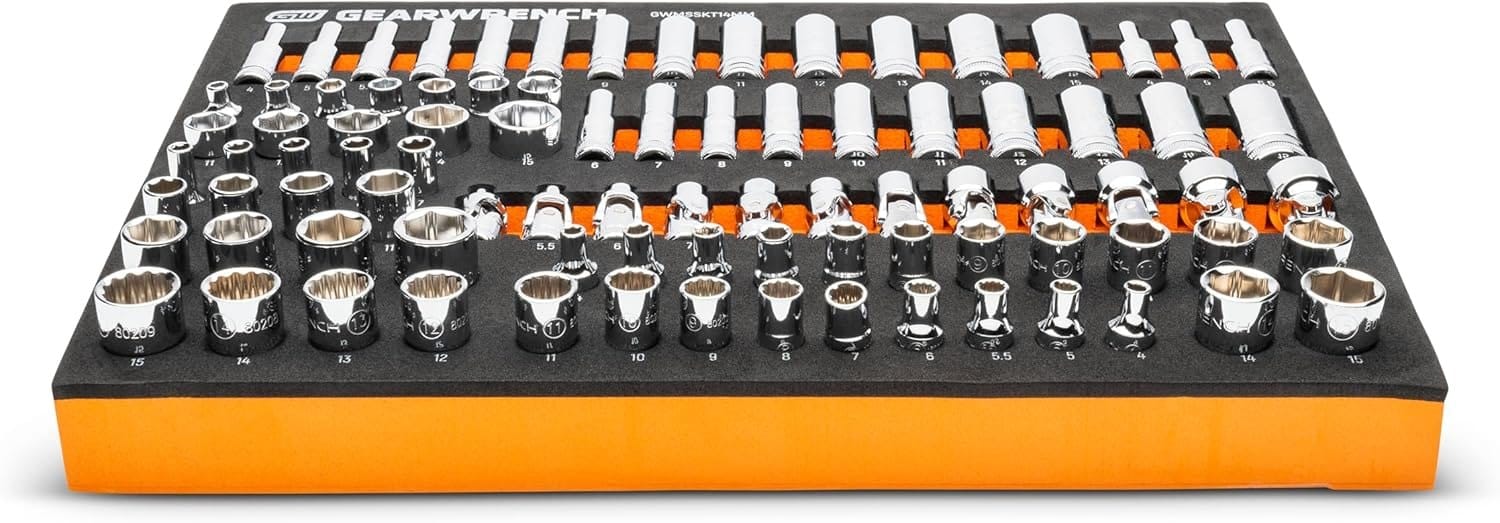 Angled view of a premium foam storage tray filled with organized GearWrench chrome sockets.
