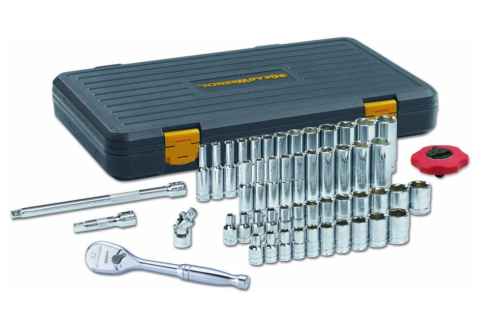 Studio shot of the 51-piece GearWrench tool set with a closed black case in the background and ratchets, extensions, and sockets displayed in the foreground.