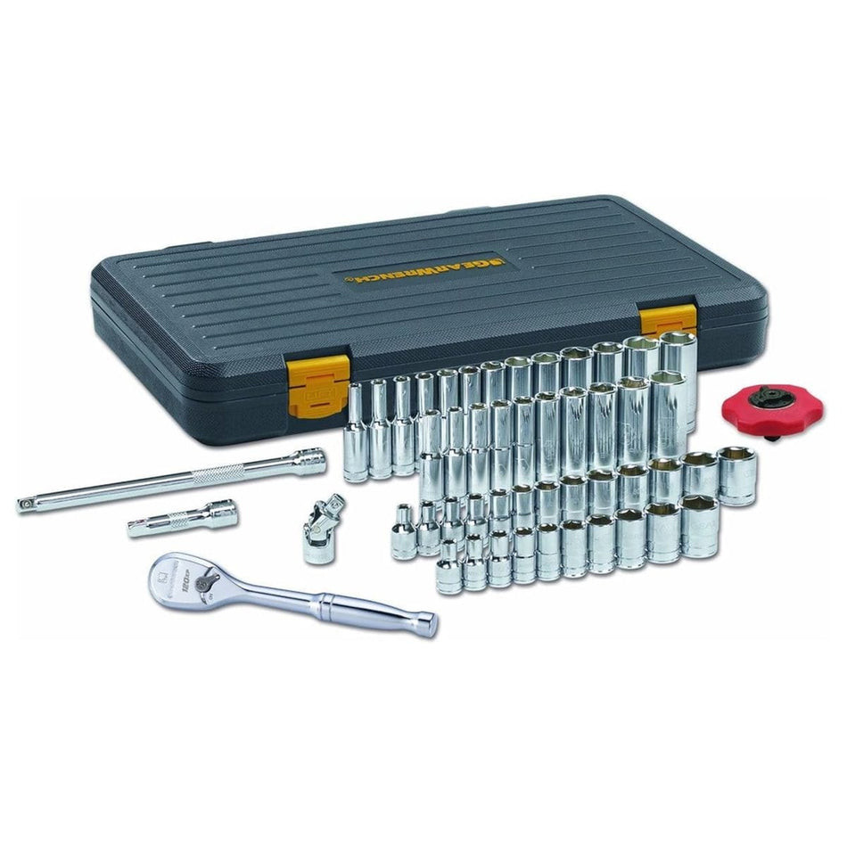 Studio shot of the 51-piece GearWrench tool set with a closed black case in the background and ratchets, extensions, and sockets displayed in the foreground.