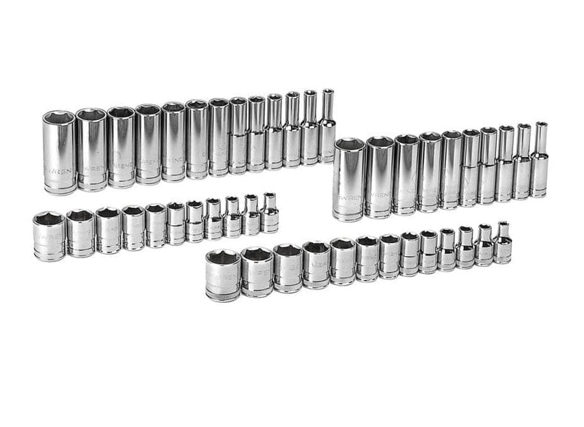 Complete 47-piece set of 1/4 inch drive SAE and Metric sockets arranged in rows showing both standard and deep lengths.