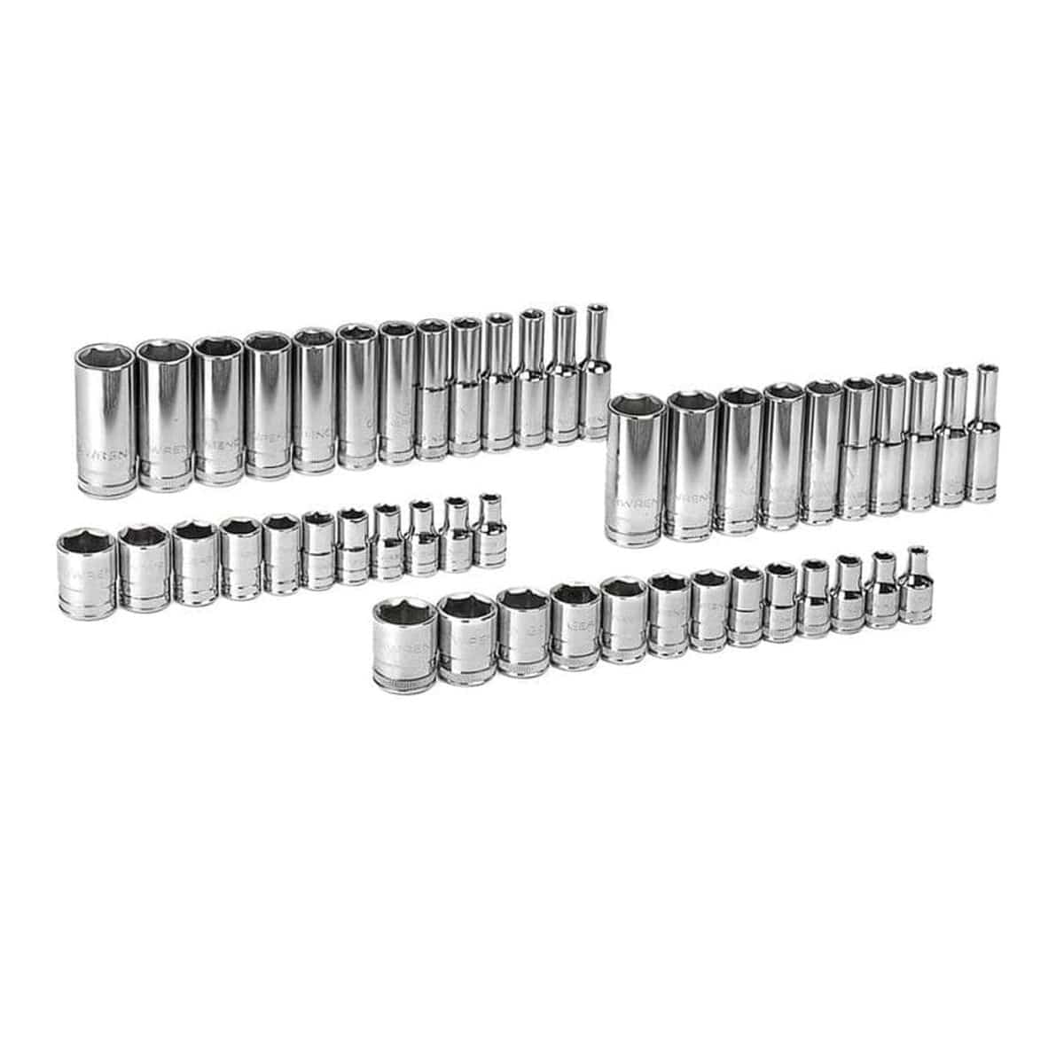 Complete 47-piece set of 1/4 inch drive SAE and Metric sockets arranged in rows showing both standard and deep lengths.