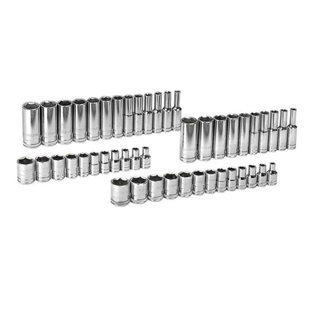 Complete 47-piece set of 1/4 inch drive SAE and Metric sockets arranged in rows showing both standard and deep lengths.