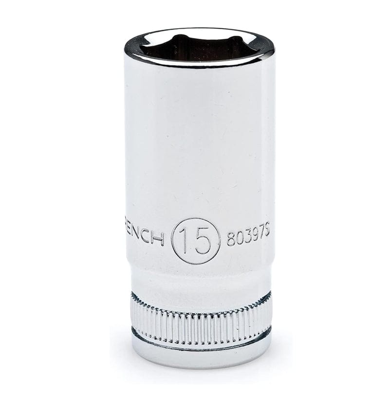 Close-up view of a 15mm standard 6-point socket showing the hard stamped size markings and polished chrome finish.
