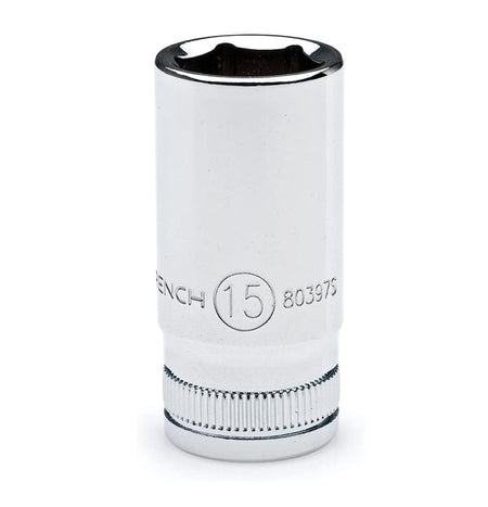 Close-up view of a 15mm standard 6-point socket showing the hard stamped size markings and polished chrome finish.
