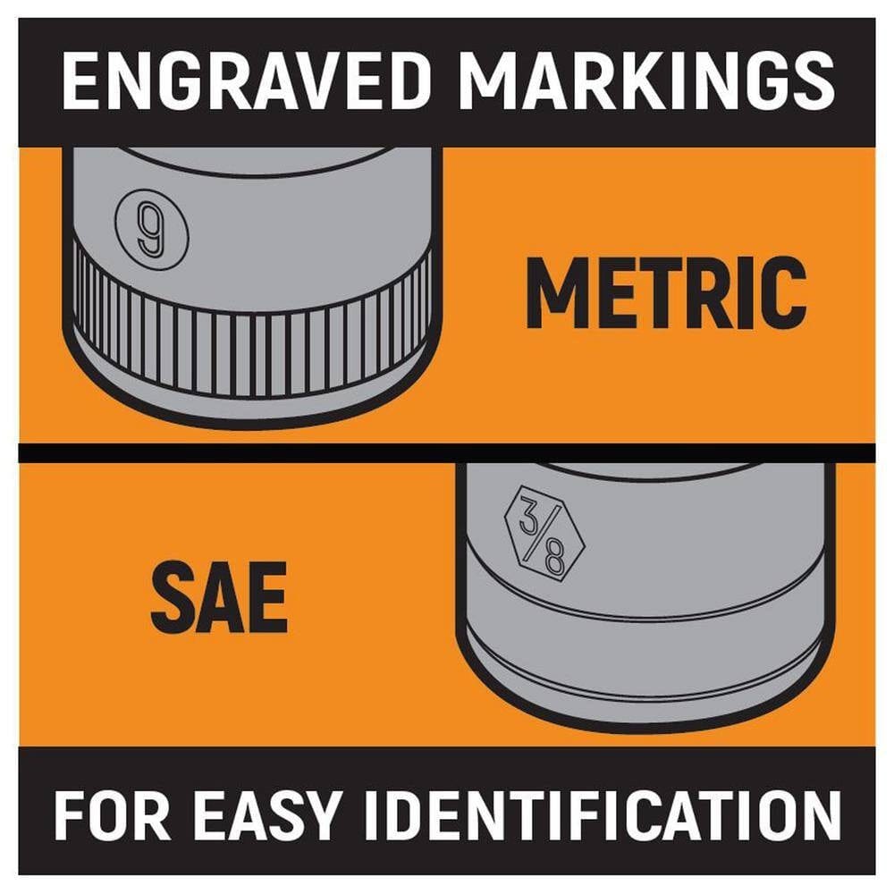 Graphic illustration titled Engraved Markings showing the distinction between knurled metric sockets and double-lined SAE sockets for easy identification.