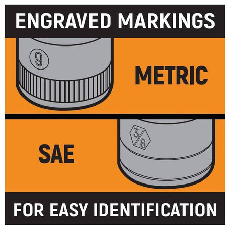Graphic illustration titled Engraved Markings showing the distinction between knurled metric sockets and double-lined SAE sockets for easy identification.