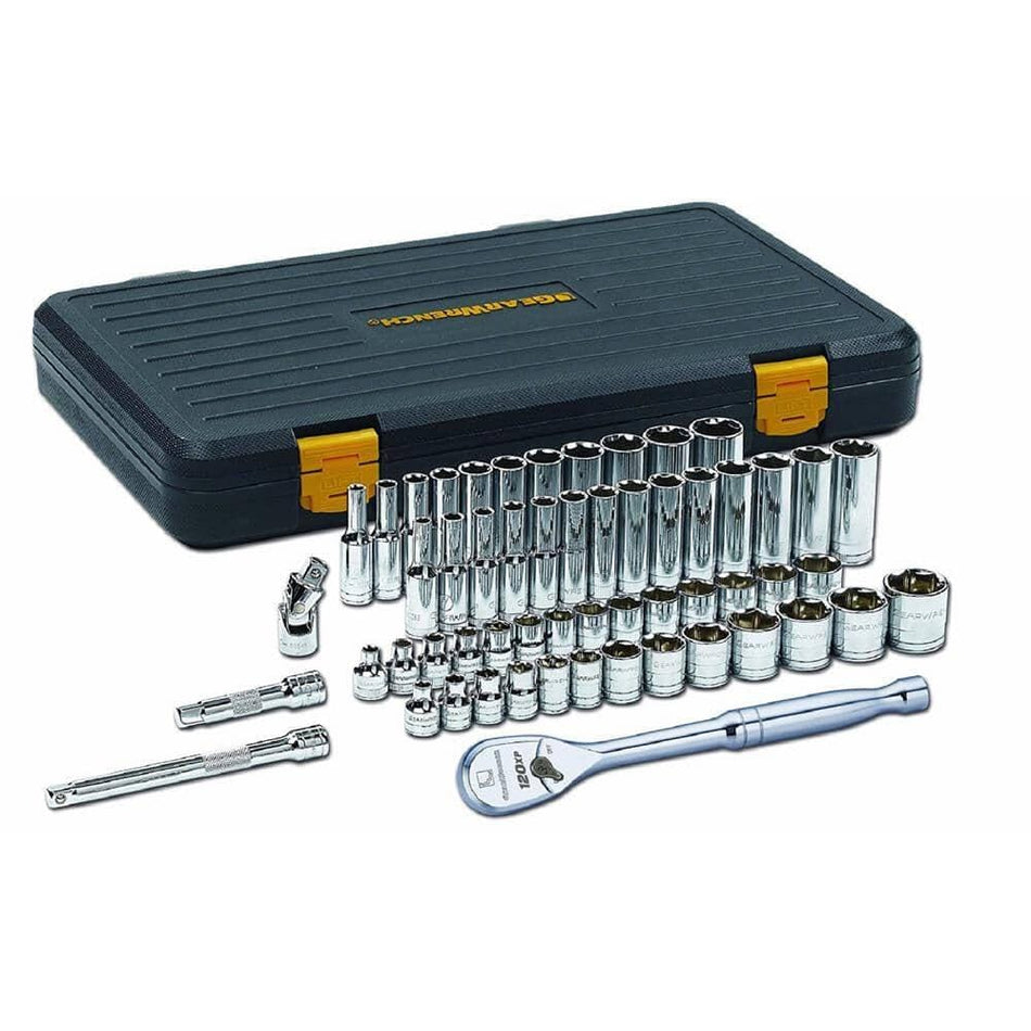The complete GearWrench 80550P 56-piece mechanic's tool kit, showcasing the chrome 120XP ratchet, extensions, universal joint, and a full array of standard and deep sockets displayed neatly in front of the closed black and yellow storage case.