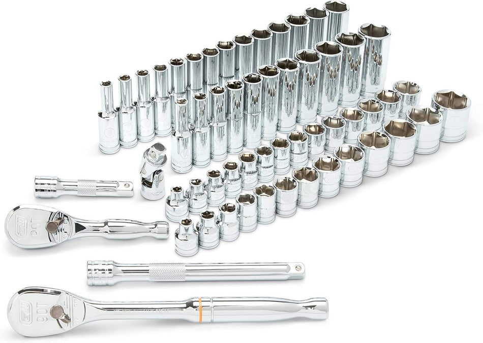 Comprehensive GearWrench 80550 57-piece mechanics tool set featuring 3/8-inch drive 6-point SAE and metric sockets in standard and deep lengths, two 90-tooth ratchets, extensions, and a universal joint.