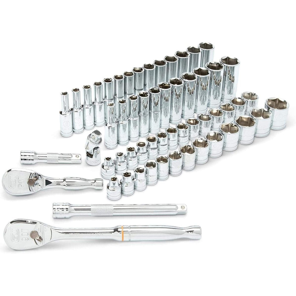 Comprehensive GearWrench 80550 57-piece mechanics tool set featuring 3/8-inch drive 6-point SAE and metric sockets in standard and deep lengths, two 90-tooth ratchets, extensions, and a universal joint.
