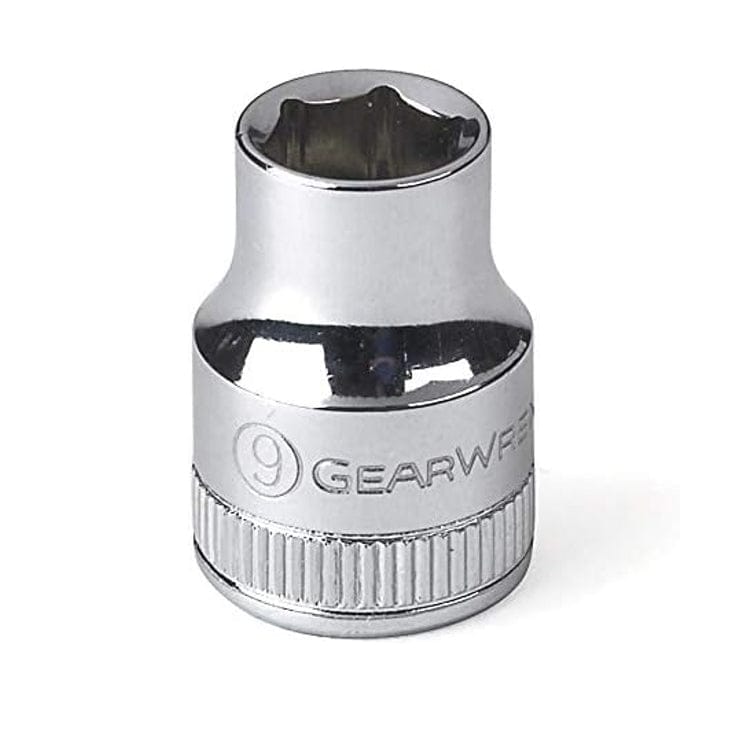 Close-up of a 9mm metric GearWrench socket featuring a chamfered opening to guide fasteners and a knurled base for improved grip during manual turning.