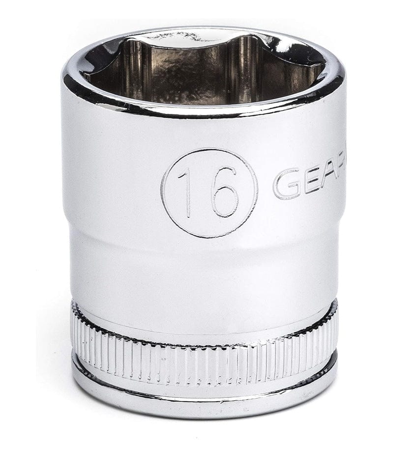 Detailed view of a 16mm metric GearWrench socket showing the hard-stamped size marking and professional-grade full polish chrome finish.
