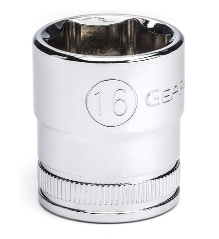 Detailed view of a 16mm metric GearWrench socket showing the hard-stamped size marking and professional-grade full polish chrome finish.