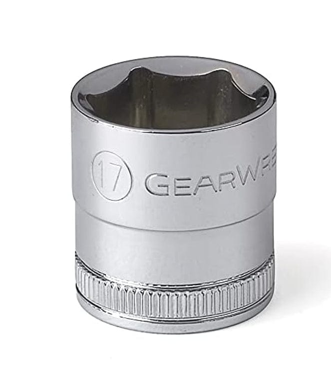 Close-up of a 17mm metric GearWrench socket illustrating the 6-point design and high-visibility engraved size identification for quick tool selection.