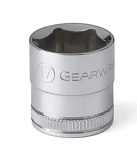 Close-up of a 17mm metric GearWrench socket illustrating the 6-point design and high-visibility engraved size identification for quick tool selection.