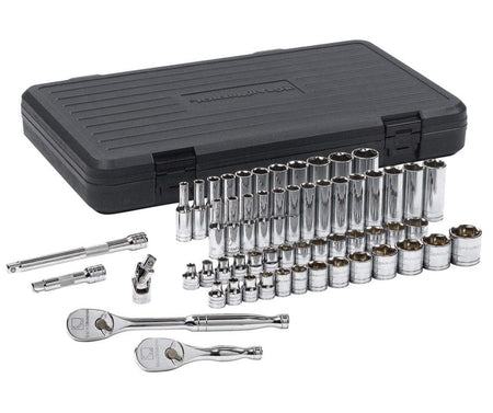 Full GearWrench 80550 3/8-drive chrome socket set displayed with its durable black blow-molded storage case for organized automotive tool management.