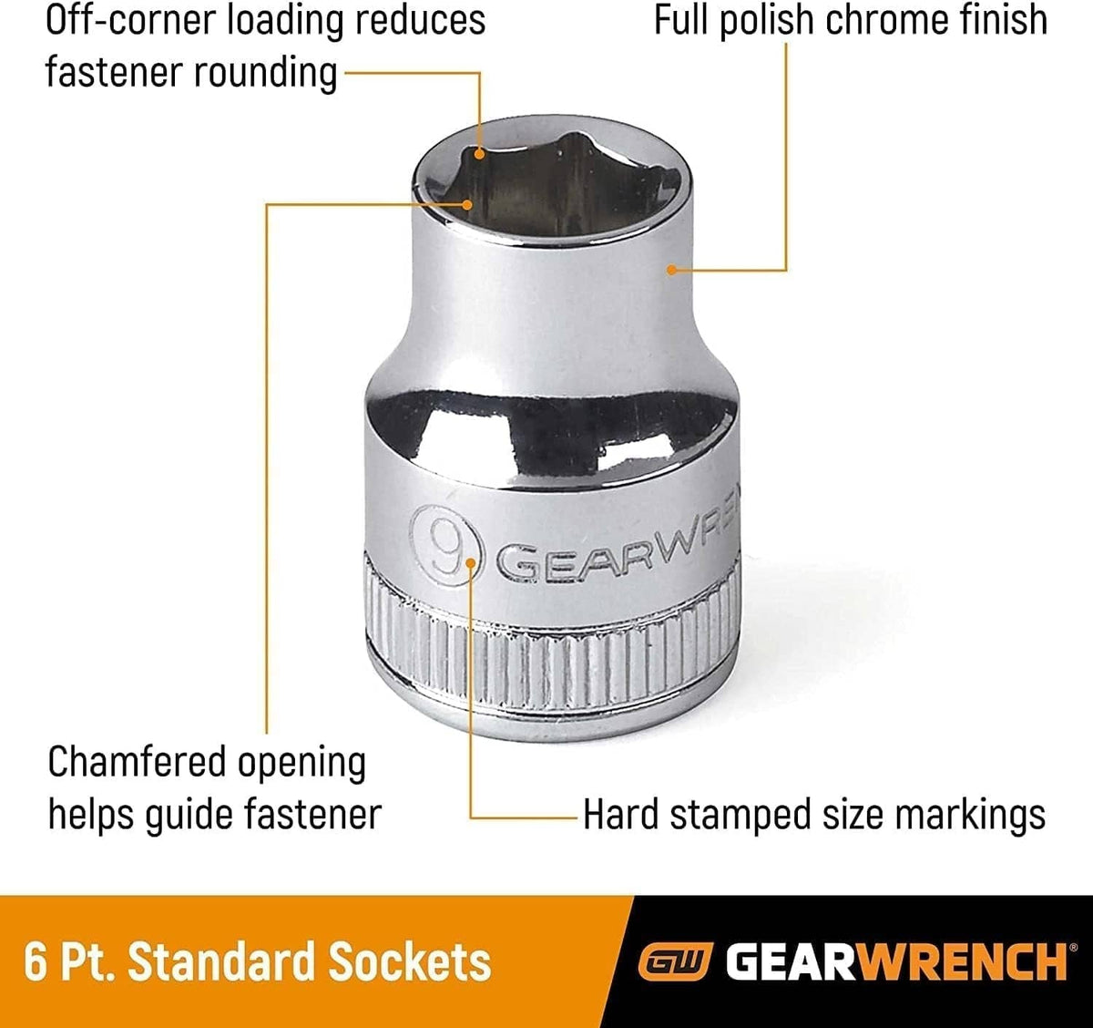 Technical infographic of a GearWrench 6-point standard socket highlighting off-corner loading to reduce fastener rounding, chamfered openings, a full polish chrome finish, and hard-stamped size markings.