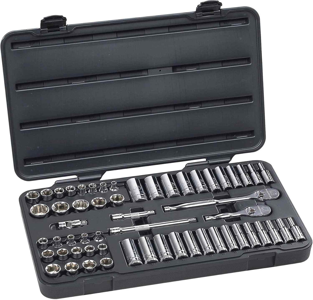 Open GearWrench 80550 storage case showcasing the organized interior layout for 57 pieces including 90-tooth ratchets, standard sockets, and deep sockets in SAE and metric sizes.