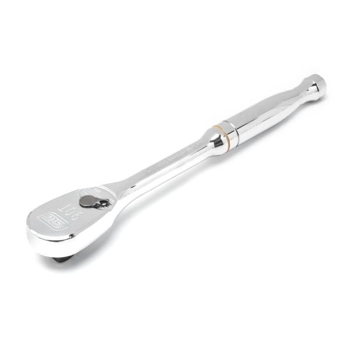High-resolution view of a GearWrench 3/8-inch drive 90-tooth teardrop ratchet featuring a full polish chrome finish and a flush-mounted reversing lever for precision work.