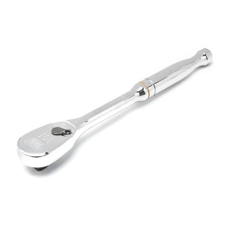 High-resolution view of a GearWrench 3/8-inch drive 90-tooth teardrop ratchet featuring a full polish chrome finish and a flush-mounted reversing lever for precision work.