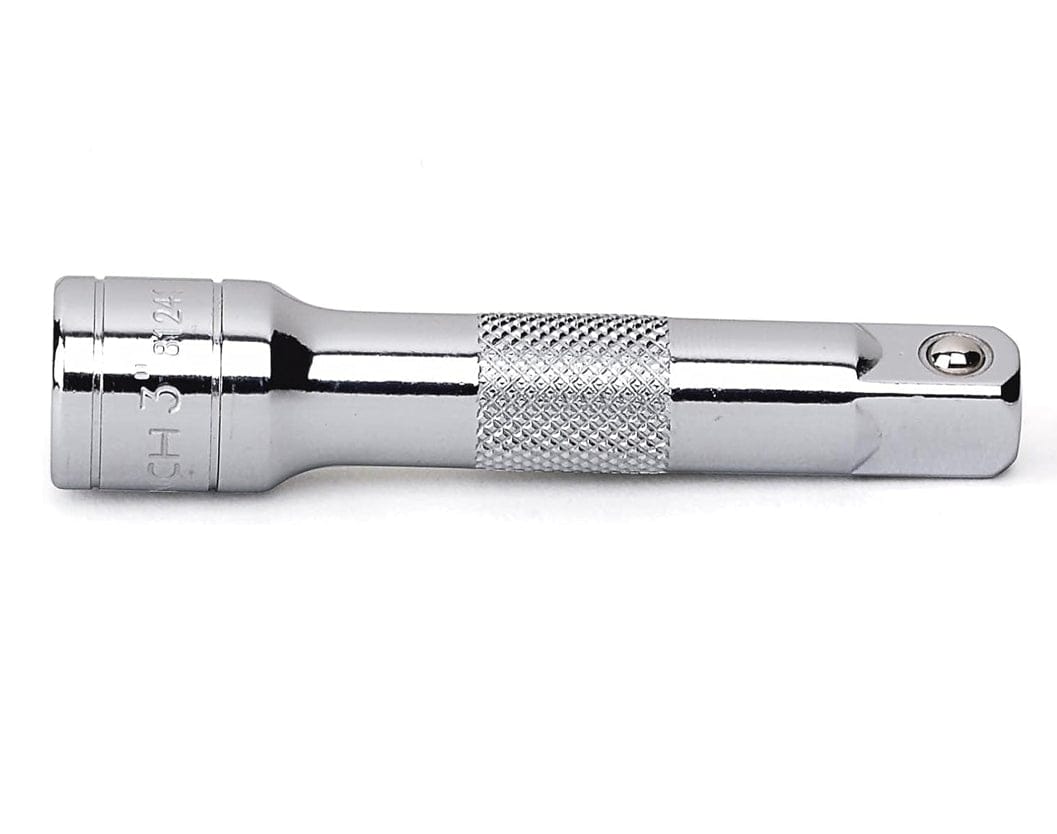 GearWrench 3-inch socket extension bar made from premium alloy steel with high-visibility size markings and a knurled center for hand-tightening.