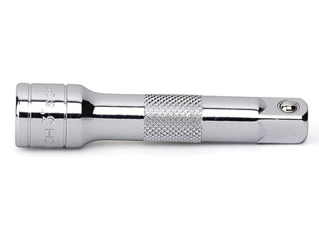 GearWrench 3-inch socket extension bar made from premium alloy steel with high-visibility size markings and a knurled center for hand-tightening.