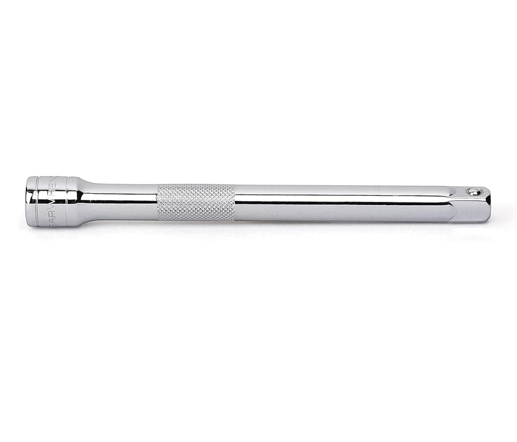 GearWrench 6-inch 3/8-drive socket extension bar featuring a full polish chrome finish and a knurled grip area to assist in heavy-duty automotive demolition and repair.