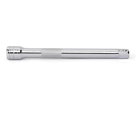 GearWrench 6-inch 3/8-drive socket extension bar featuring a full polish chrome finish and a knurled grip area to assist in heavy-duty automotive demolition and repair.