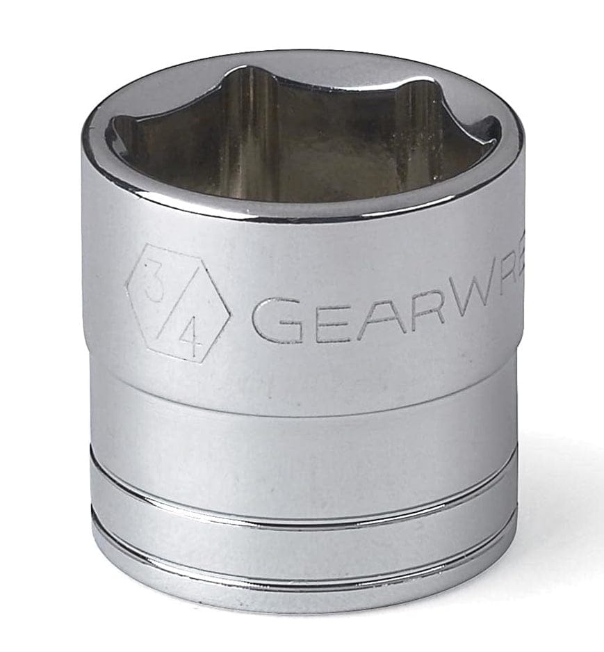 Close-up of a GearWrench 3/4-inch SAE 6-point standard socket with hard-stamped size identification and off-corner loading design.
