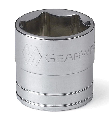 Close-up of a GearWrench 3/4-inch SAE 6-point standard socket with hard-stamped size identification and off-corner loading design.