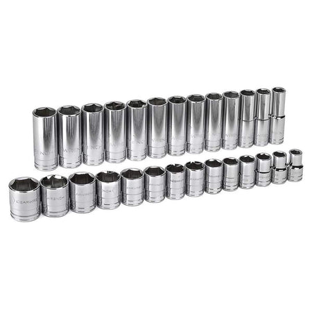 Full 27-piece set of polished chrome sockets arranged in two rows, displaying the complete range of standard and deep SAE sizes included in the kit.