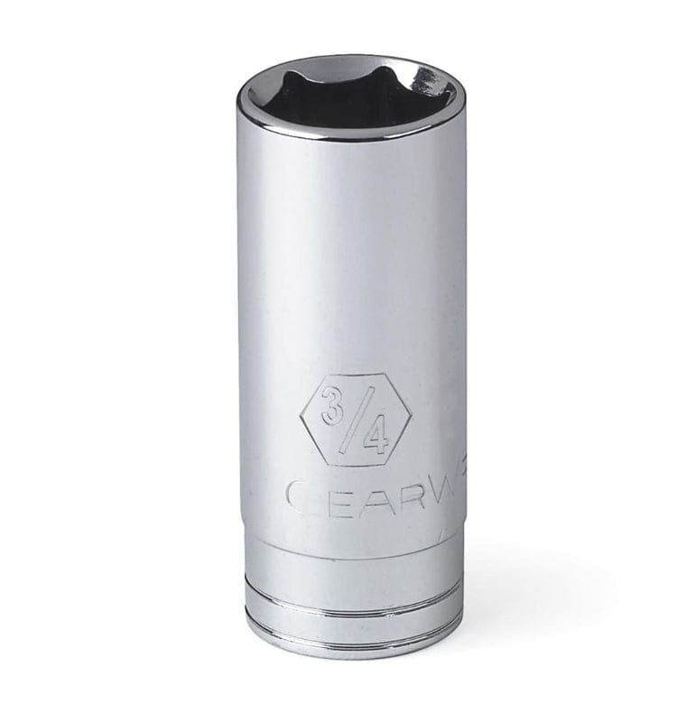 Close-up studio shot of a 3/4 inch deep 6-point socket showing the polished chrome finish and large hard-stamped size markings.