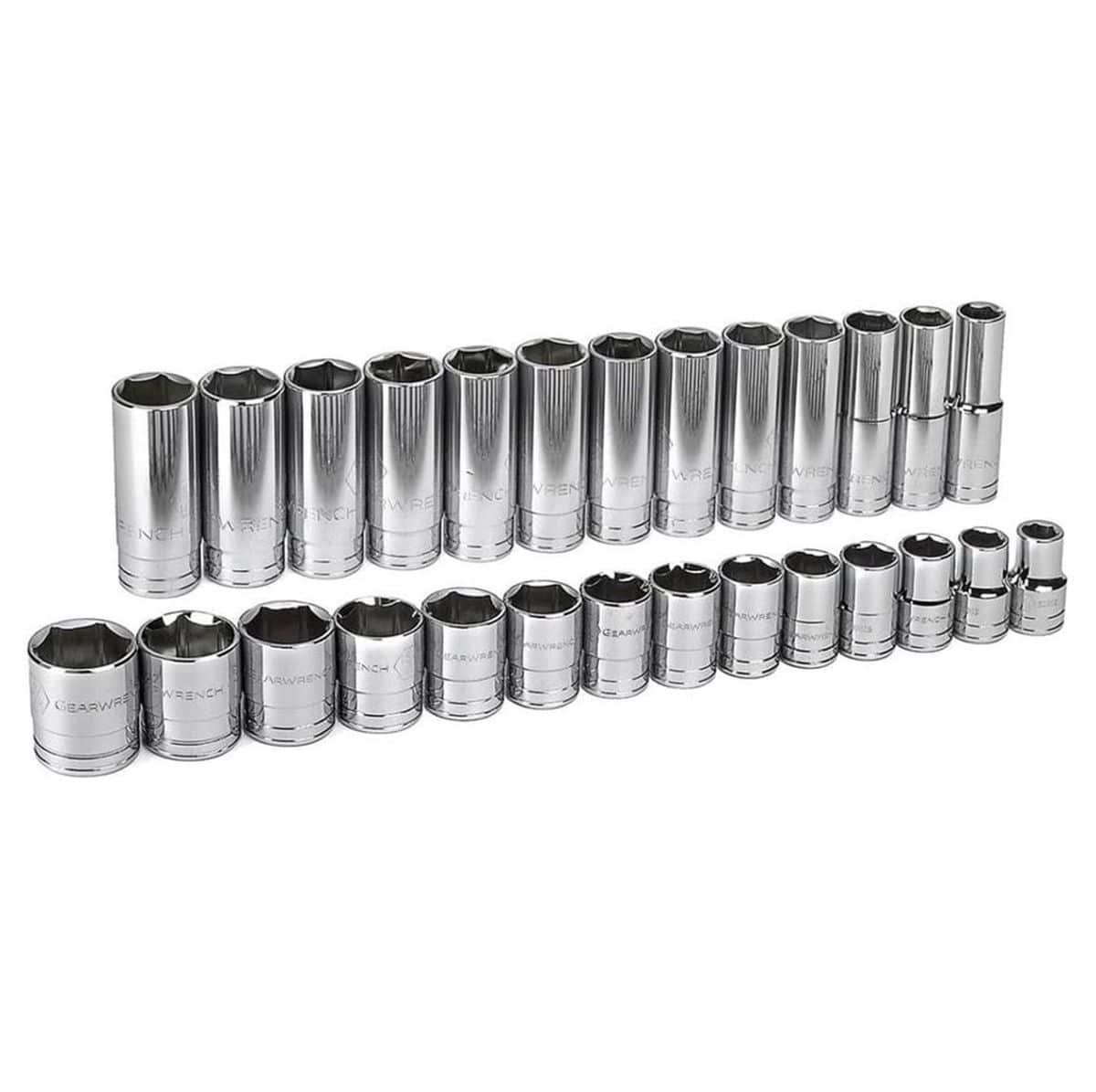 Full 27-piece set of polished chrome sockets arranged in two rows, displaying the complete range of standard and deep SAE sizes included in the kit.