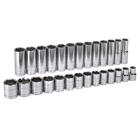 Full 27-piece set of polished chrome sockets arranged in two rows, displaying the complete range of standard and deep SAE sizes included in the kit.