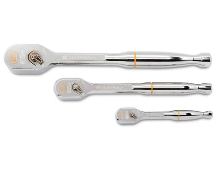 Three chrome-finished ratchet wrenches of different sizes with GEARWRENCH branding, arranged side by side for comparison.