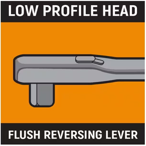Graphical illustration of a ratchet wrench with low profile head and flush reversing lever, designed for tight space access.