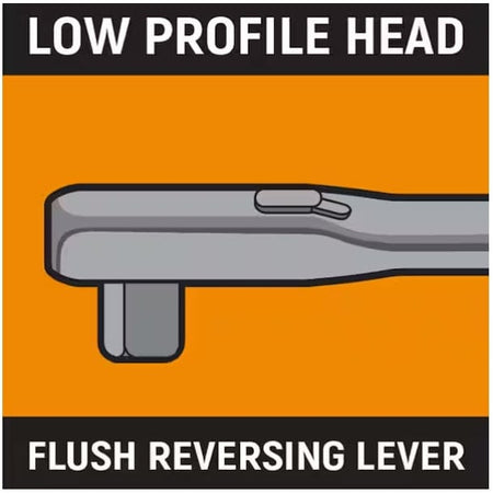 Graphical illustration of a ratchet wrench with low profile head and flush reversing lever, designed for tight space access.