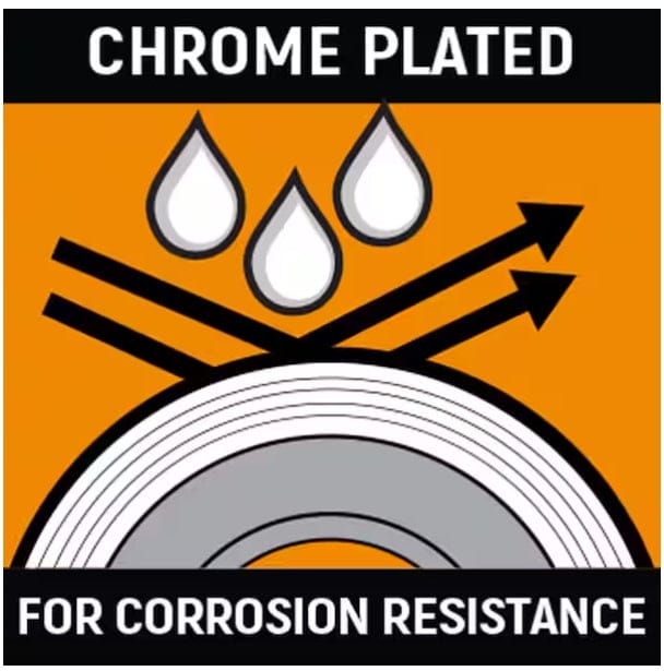 Logo indicating chrome plating for corrosion resistance with arrows and droplets on an orange background.