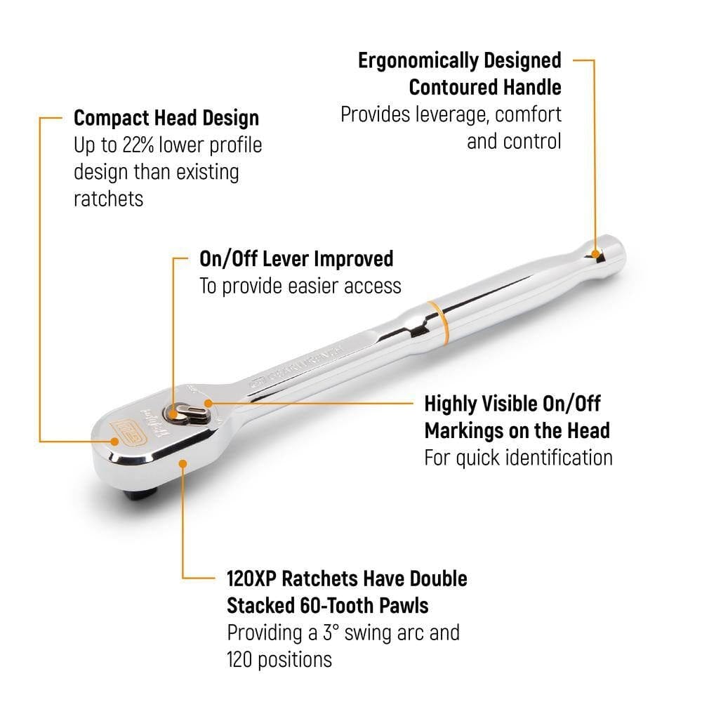 Labeled diagram of ratchet wrench highlighting compact head, ergonomic handle, 120XP mechanism, and visible on/off markings