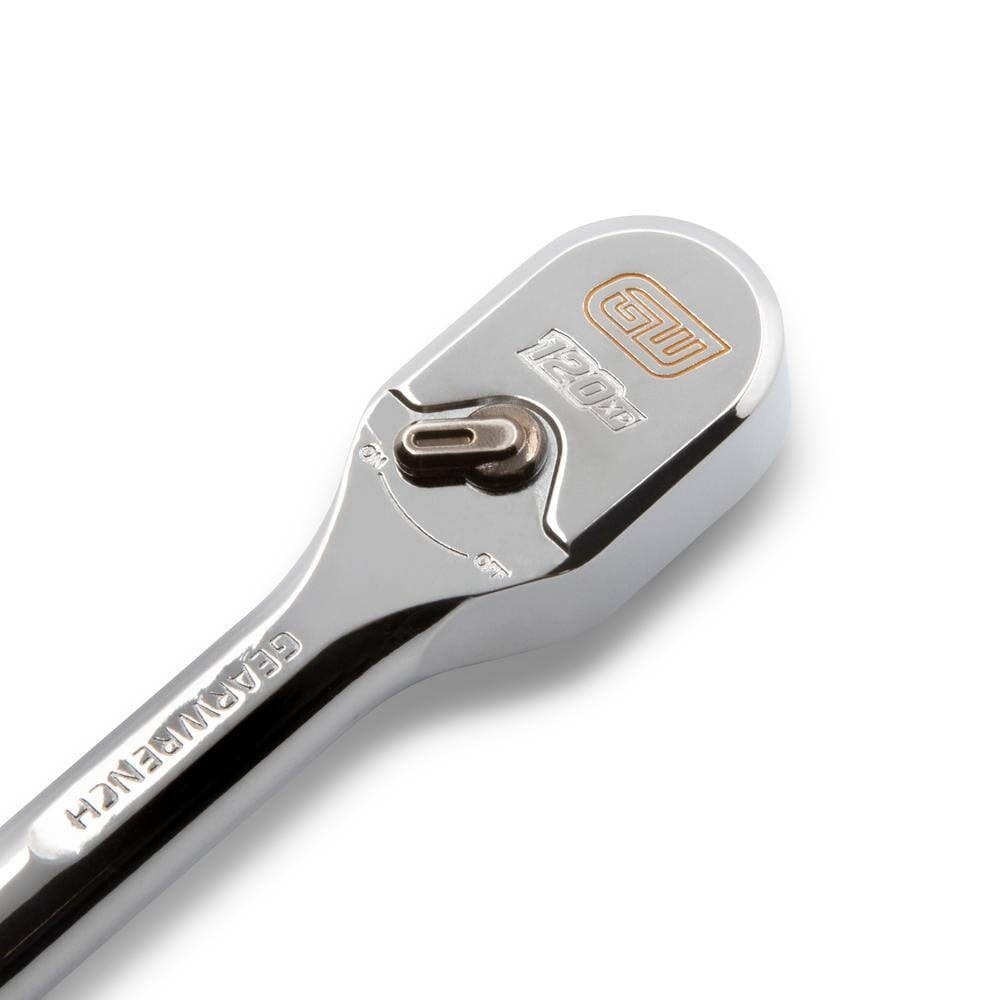 Ratchet wrench head with directional switch labeled "R20" and "CW," engraved with "GERMANWRENCH" on chrome handle.