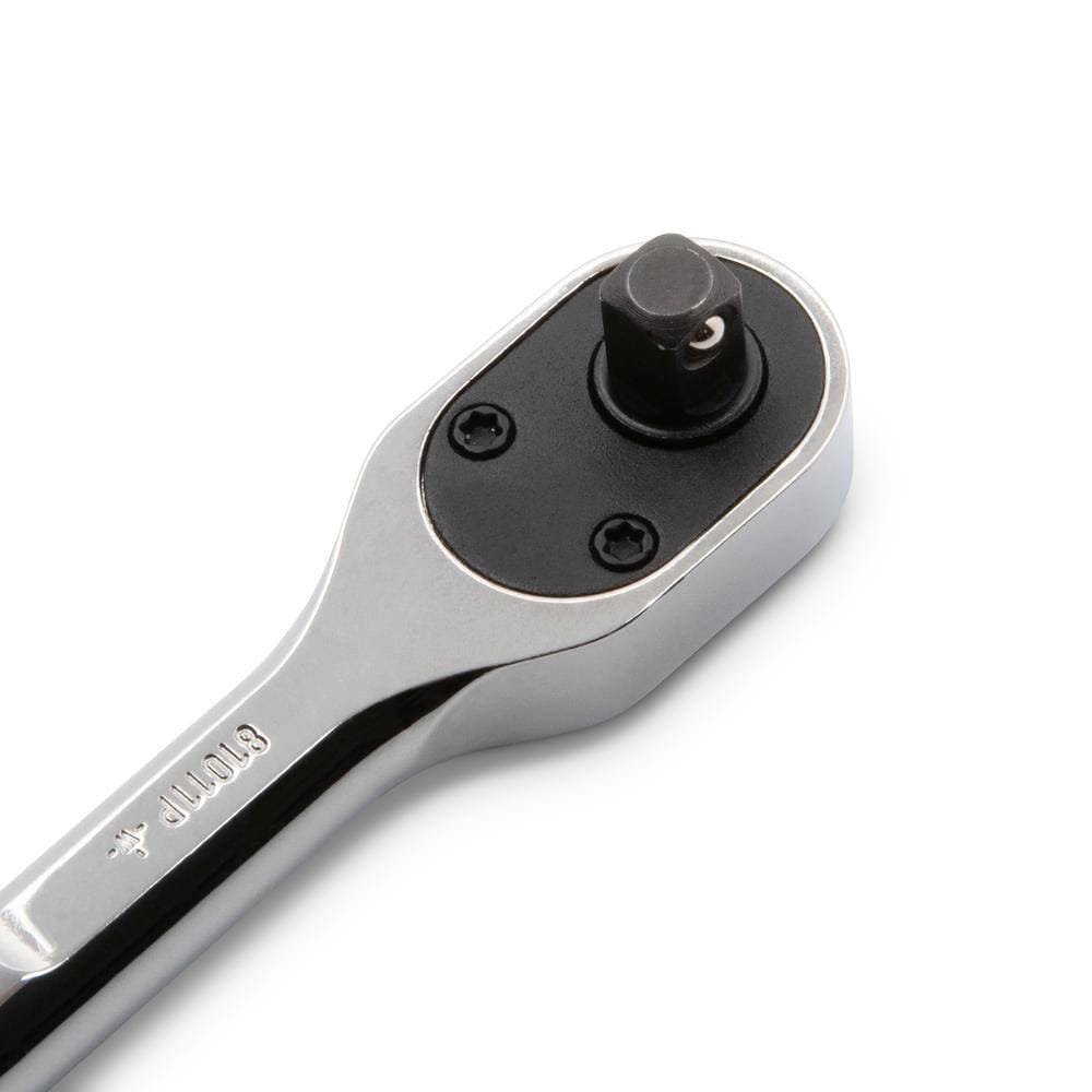 Close-up of ratchet wrench head with visible square drive and engraved model number "811010" on polished handle.